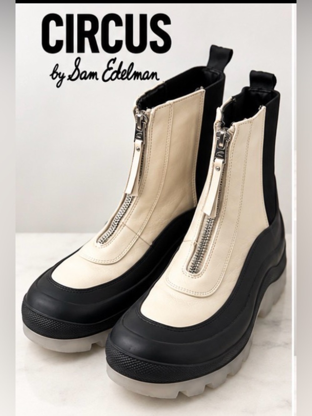 Sam Edelman Circus Two-Tone Cream and Black Front-Zip Platform Booties 7.5”